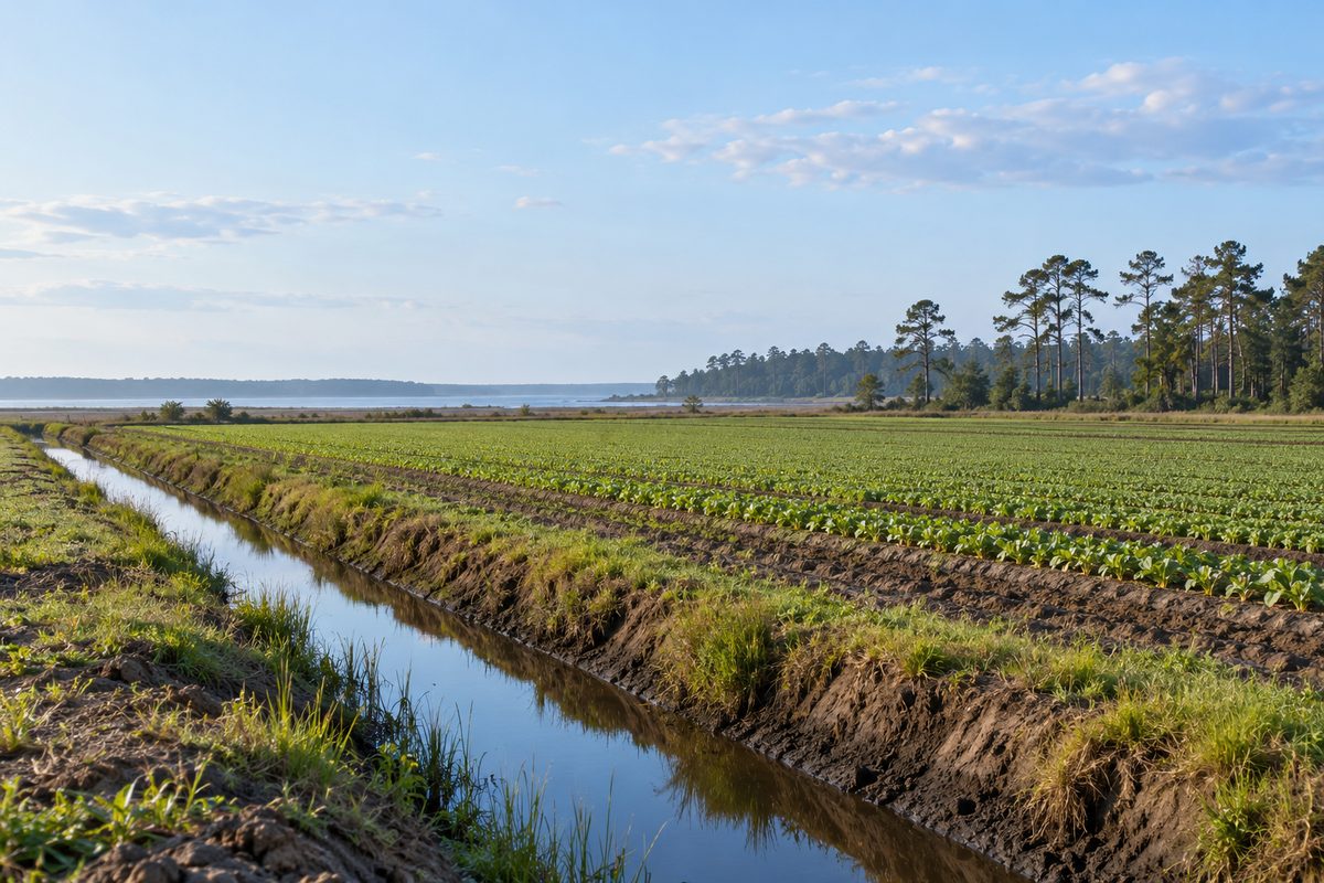 Expansive flat cultivated farm acreage along Camden County border.