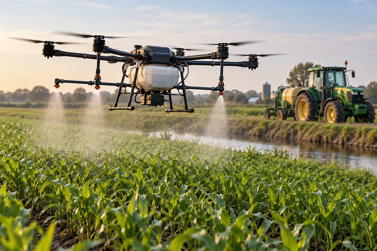 Agricultural crop spraying drone operating over field acreage with farm tractor.