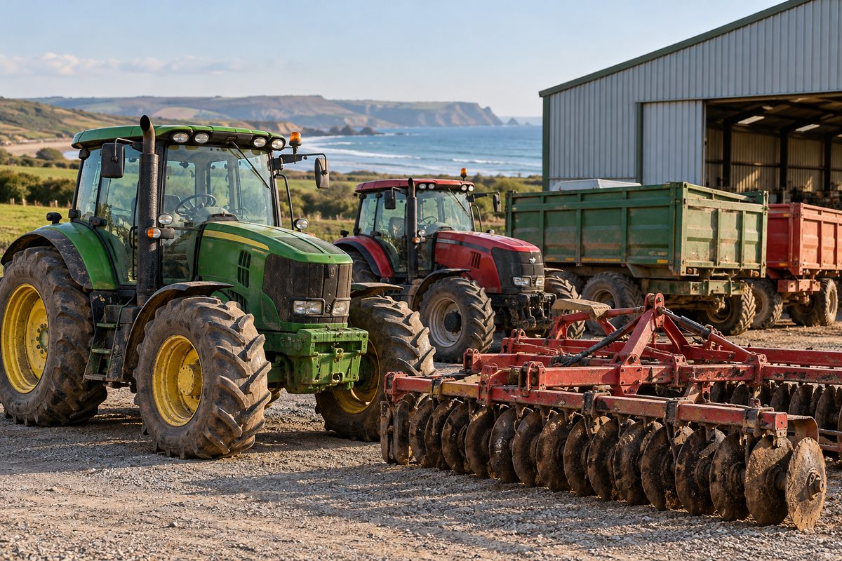 Farm equipment staging area with utility tractors and cultivation implements.