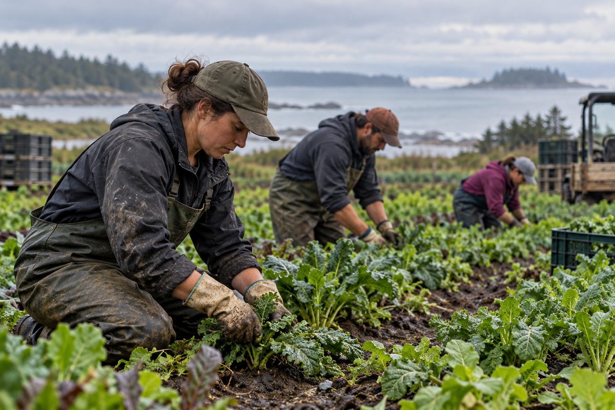 Agricultural field workers tending crop rows in North Carolina morning field.