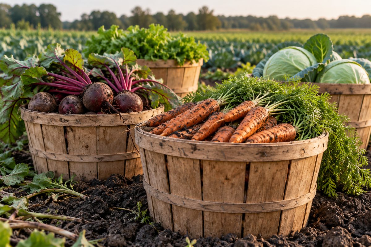Freshly gathered farm produce in traditional 5/8 bushel harvest baskets.