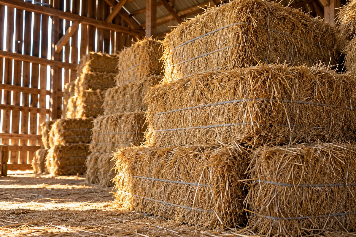 Tight-tied small square bales of dry golden wheat straw stacked in farm storage.