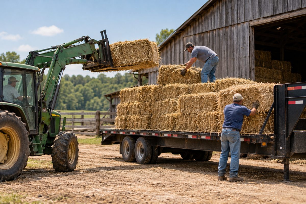 Loading small square wheat straw bales onto a flatbed trailer for farm delivery.