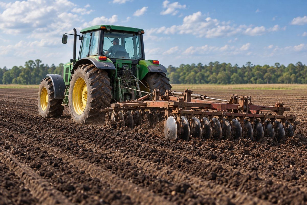 Utility tractor cultivating agricultural soil with disc harrow in Camden County.